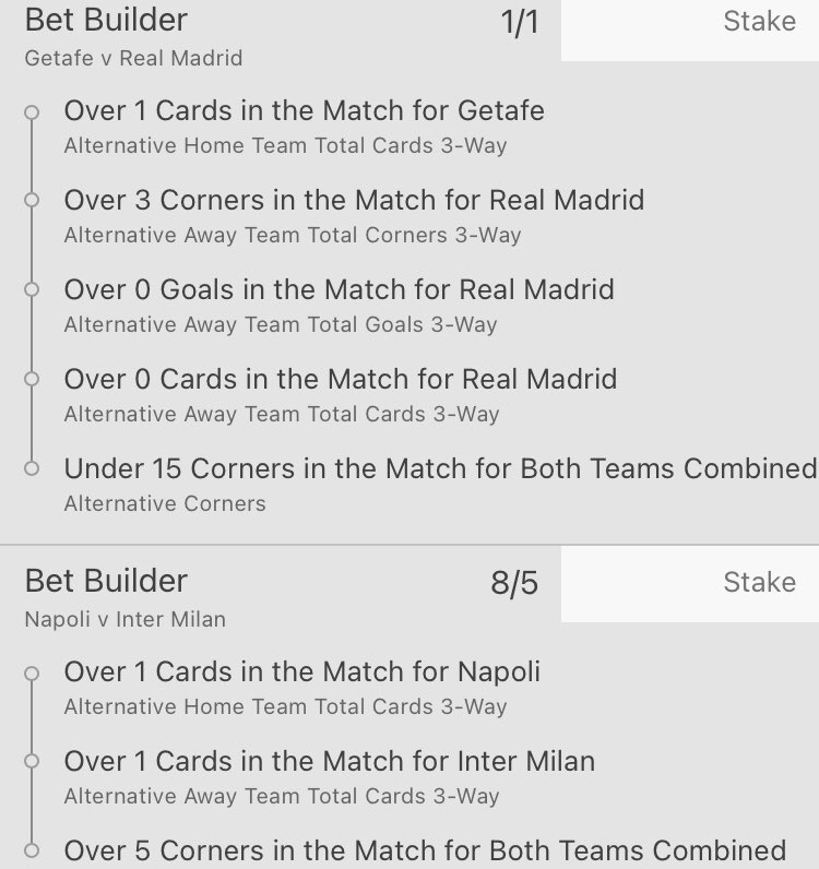 4/1 double bet builder for Napoli v Inter 🇮🇹 &amp; Getafe v Real Madrid 🇪🇸 

£25 ➡️ £130 💰⚽️