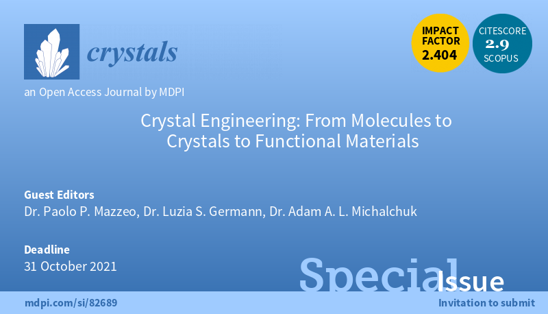 🆕Special Issue 'Crystal Engineering: From Molecules to Crystals to Functional Materials'
⏳Deadline for submissions: 31 October 2021
👉More details: mdpi.com/journal/crysta…
#Crystal_structure
#Crystal_engineering
#Functional_materials