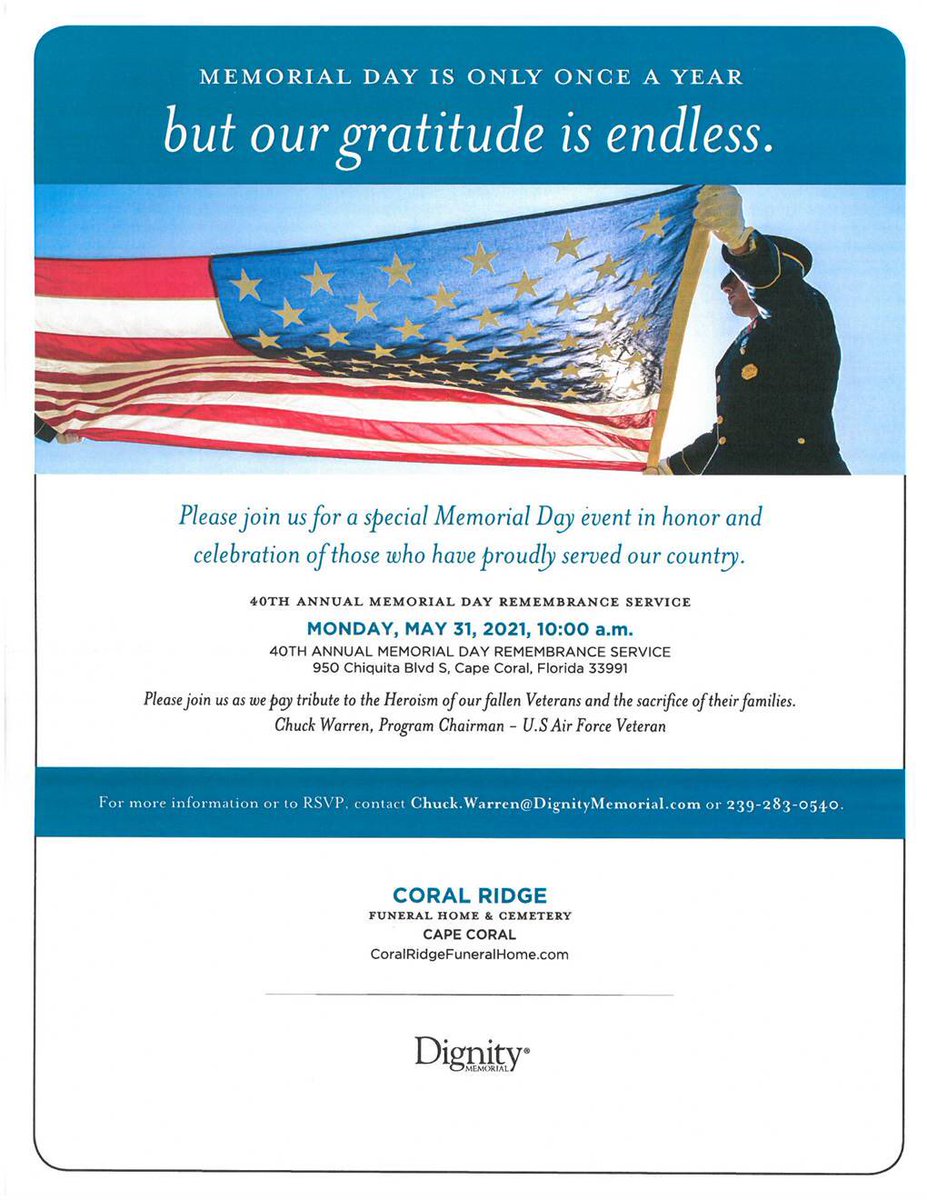 ChuckWarren13's tweet image. Please #Savethedate #MemorialDay2021 #WeRemember #PurpleHeartCity #CapeCoralFL #SWFL #GoldStarMothers #BlueStar @CapeChamber @CapeCoralParks @CapePD @CapeCoralDaily @CapeCoralFD @CapeCoralRotary @CapeCoralEDO @CapeCoralCF @FOPLodge33 @CapeCoral @KiwanisCC @GovRonDeSantis