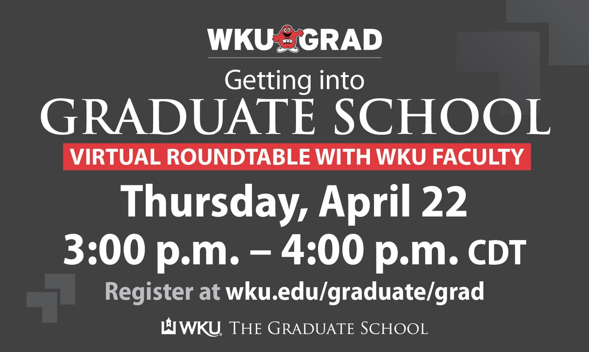 Go beyond your bachelor's degree with the WKU Graduate School! Join us for a Virtual Recruitment Fair this Thursday. Visit with Graduate School staff for information about applying for graduate programs, assistantships, and more.

Register at bit.ly/36cfwBQ 

#WKU