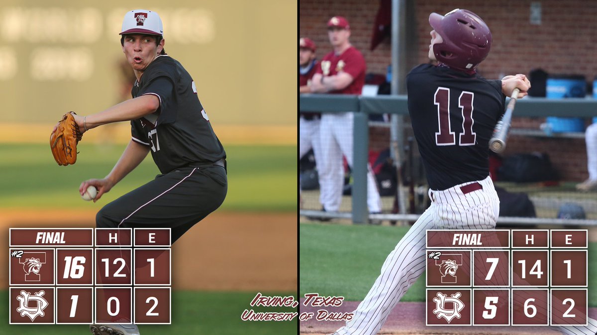 🧹: No. 2 <a href="/TrinityTigersB2/">Trinity Tigers Baseball</a> collected a pair of <a href="/SCAC_Sports/">SCAC</a> victories today, first with a combined no-hitter from Durow and Conte, and SEVEN RBI from Pettit in game one, then with a tiebreaking RBI from Wisniewski, one of his four in game two, in the 10th. #TigerPride #d3baseball
