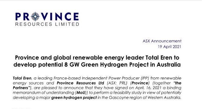 Province Resources Province Resources Prl Is Pleased To Announce A Binding Mou With Total Eren Together Combining Our Expertise To Co Operate Proceed With The Development Of The Proposed Hyenergy