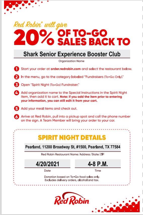 GradSchs's tweet image. SPIRIT NIGHT AT RED ROBIN...don't cook dinner on Tuesday (4/20)...proceeds from the fundraiser will help host the 1st ever Grad Night for the SCHS Senior Class. @schsseniors21 @ShadowCreekHS