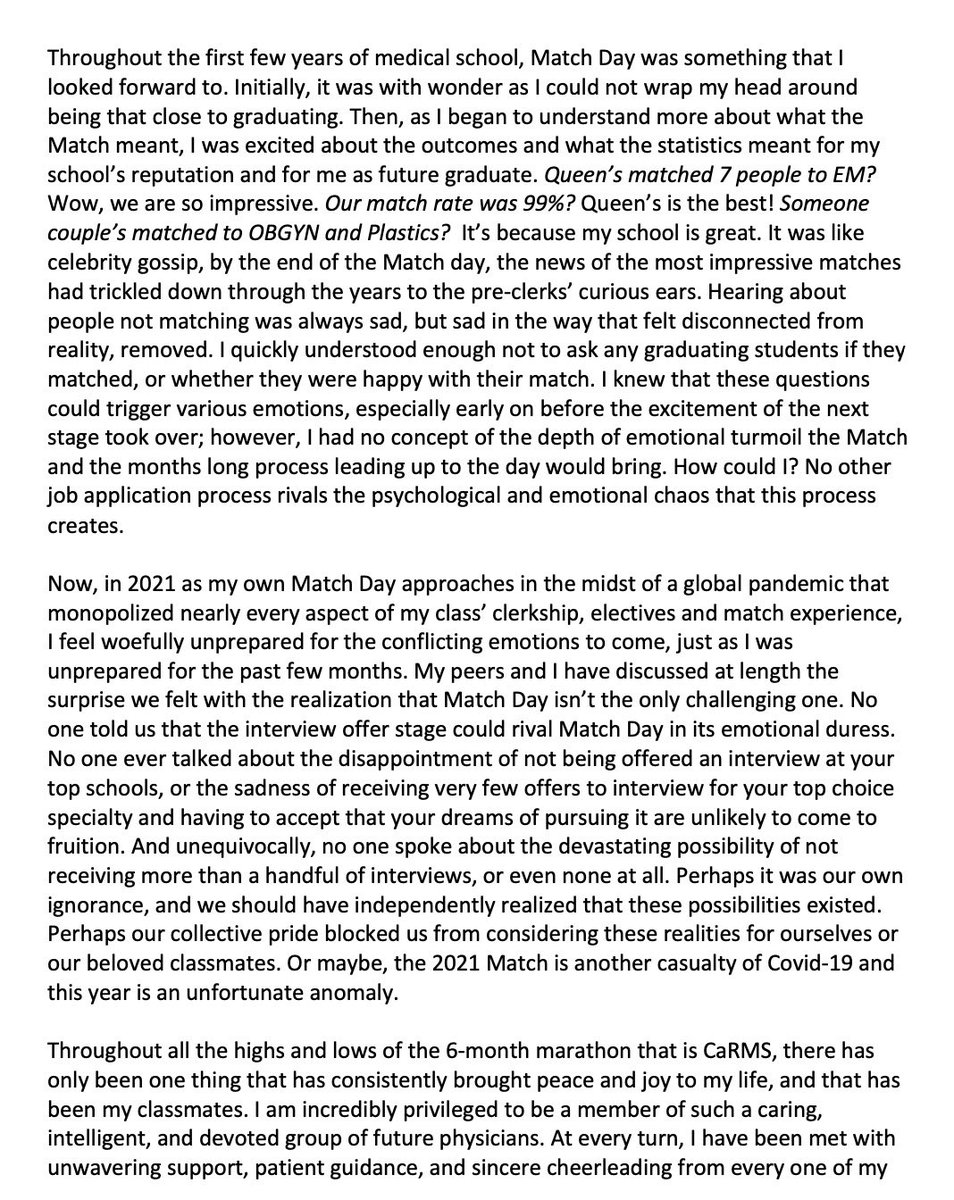 RaeWoodhouse's tweet photo. The past 6 months I have been reflecting a lot on the CaRMS process and how dramatically it affects all med students. In trying to process my thoughts and emotions, I started writing things down &amp; with Match Day this week, I decided to share. 

Good luck to all my fellow 2021s! https://t.co/hKwdKdOVT7