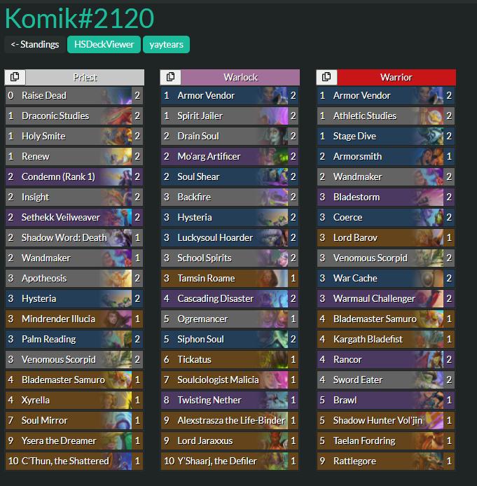 HsKomik's tweet photo. I just won Dalaran Qualifier #20
This lineups is giga nutty, refined it on my way getting 1 top8 and the Win in 5 Cups
Archetypes were always the same
Control Warrior is the nuts btw. But really hard to play

Super happy now...Ladder doesnt matter for 2 month now...Weird stuff https://t.co/cFqZAPGpPt