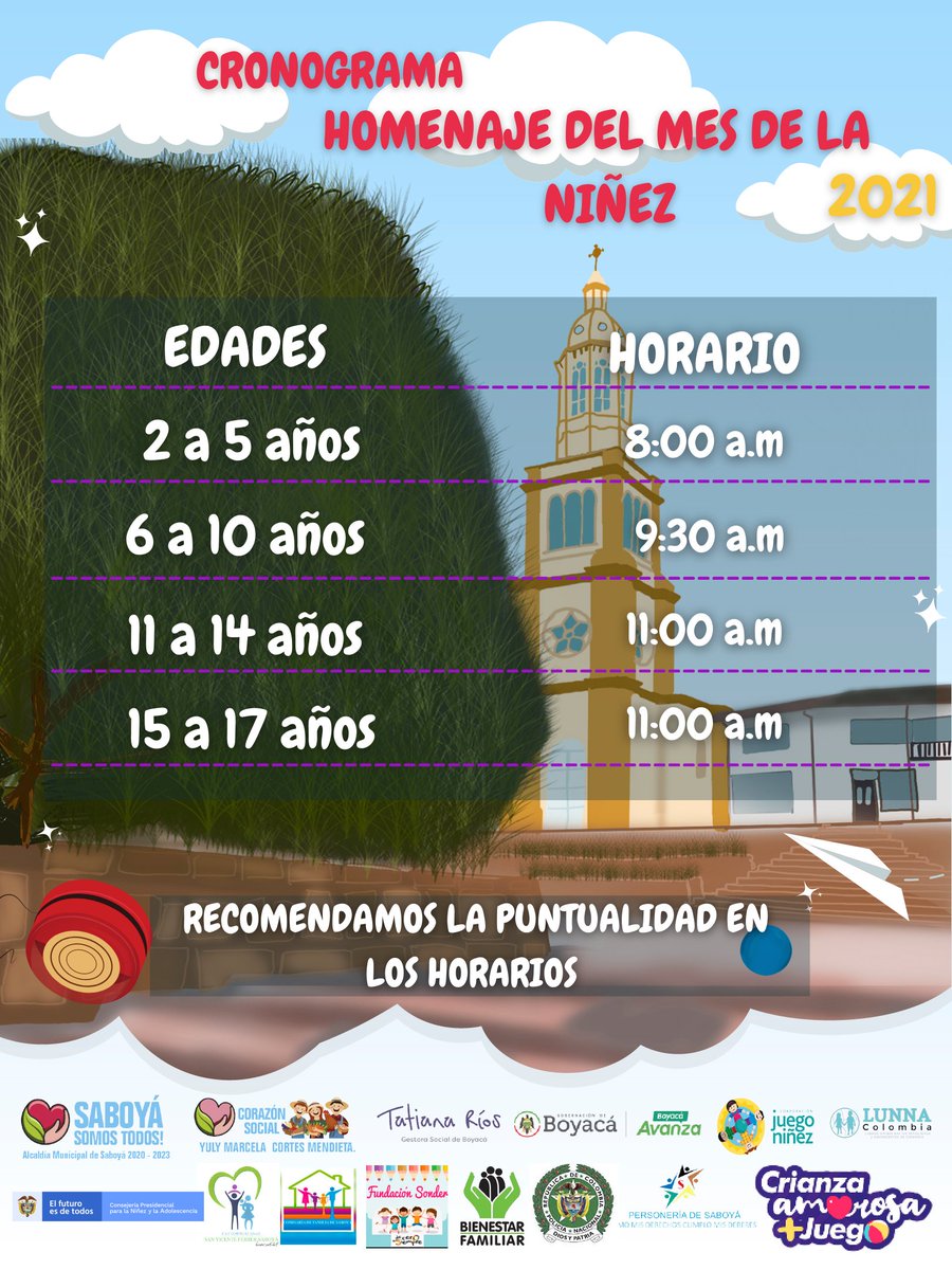 Saboyasomostodo's tweet photo. Nuestra agenda de actividades está a punto de comenzar, compartimos el cronograma oficial para el homenaje al mes de la niñez.
#SaboyáSomosTodos
#SúmateJugando
#CrianzaAmorosa #CorazonSocial
@tatiana_riosc
@consejerianinez
@juegoyninez
@lunnacolombia https://t.co/dk9UjEEaob https://t.co/NlZDgfayYU