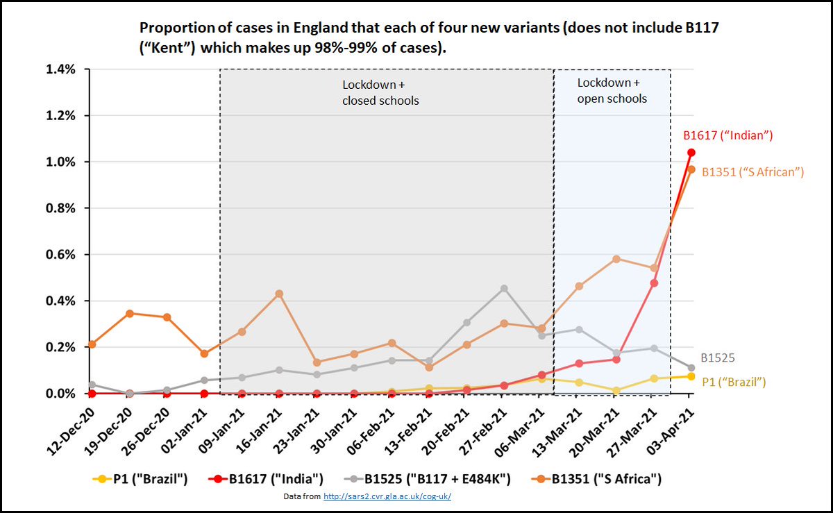 I've now looked at just the 4 new variants as a % of overall cases.SA (B1351) has been kept to small numbers by combo of lockdown & surge testing. It started increasing after schools opened. Most recent spike might be the big S London cluster & associated surge testing. 7/23