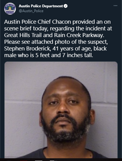 CBSNewsRadio's tweet photo. #AustinTexasShooting: 
➡️3 dead. 2 Hispanic females, 1 Black Male.
➡️Believe victims were targeted.
➡️@Austin_Police @Chief_Chacon
 identified suspect as Stephen Broderick. (INFO BELOW) 
➡️Remains at large in car/on foot. Wearing a grey hoodie, sunglasses &amp; baseball cap. https://t.co/C6c4VIJkL9