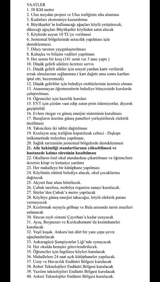 Burda Chp'li Mansur Yavaş'ın seçim öncesi verdiği 40 vaadi sıralanmış.

Seçileli tam 25 ay oldu Sizce kaç tanesini yaptı ?

Bir Ankara'lı olarak so-ru-yo-rum 
ne yaptın?

#KurnazMansur
#CHPTıkırTıkırSoyuyor