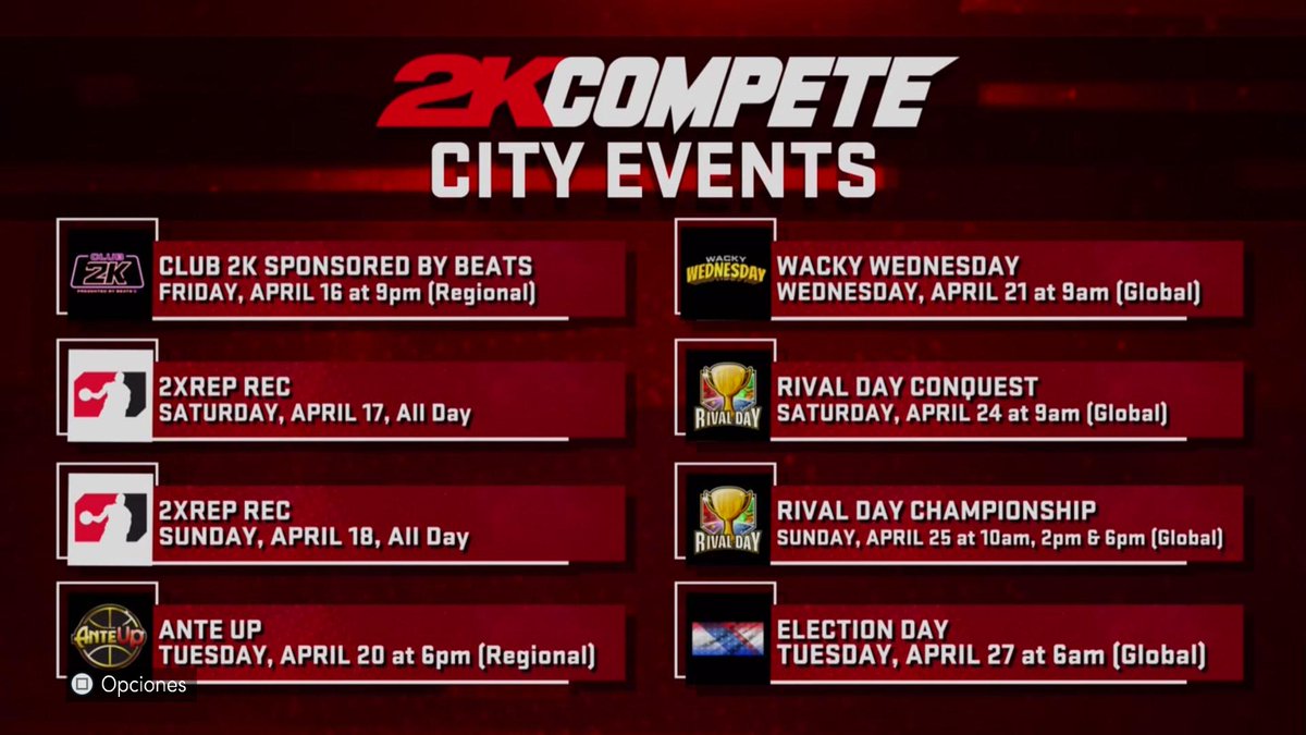 NBA_2K_ES's tweet photo. 📆 #CalendarioDeEventos 📆
Aquí os dejo los Próximos #Eventos en #LaCiudad y #ElBarrio de #MiCarrera desde el 16 de Abril hasta el 28 de Abril.
#City #Neighborhood #Events #MyCareer #NBA2K21 #FamilyNBA2KES https://t.co/AqHw7t0OeF