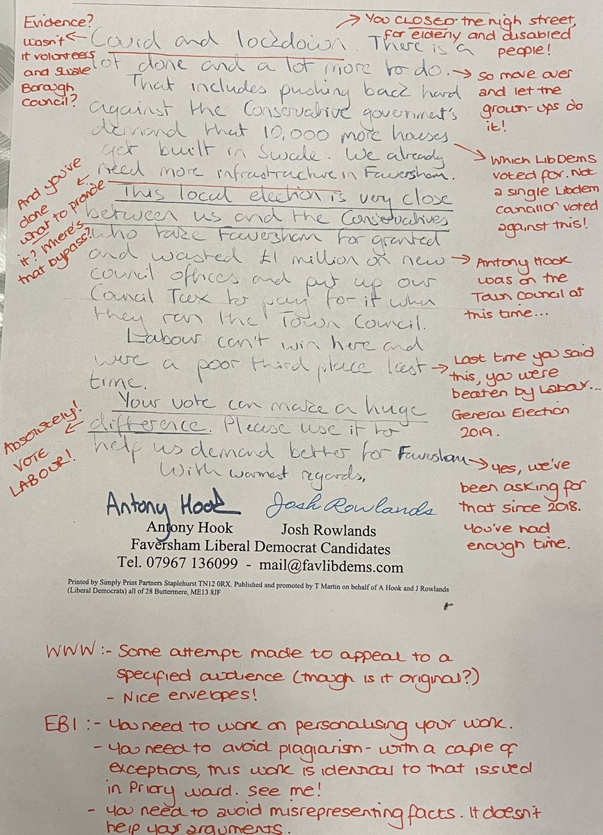 We asked a teacher to grade the latest #Faversham LibDem “personalised” election missive... #VoteLabour #LibDemFail #antonyhook #KCC