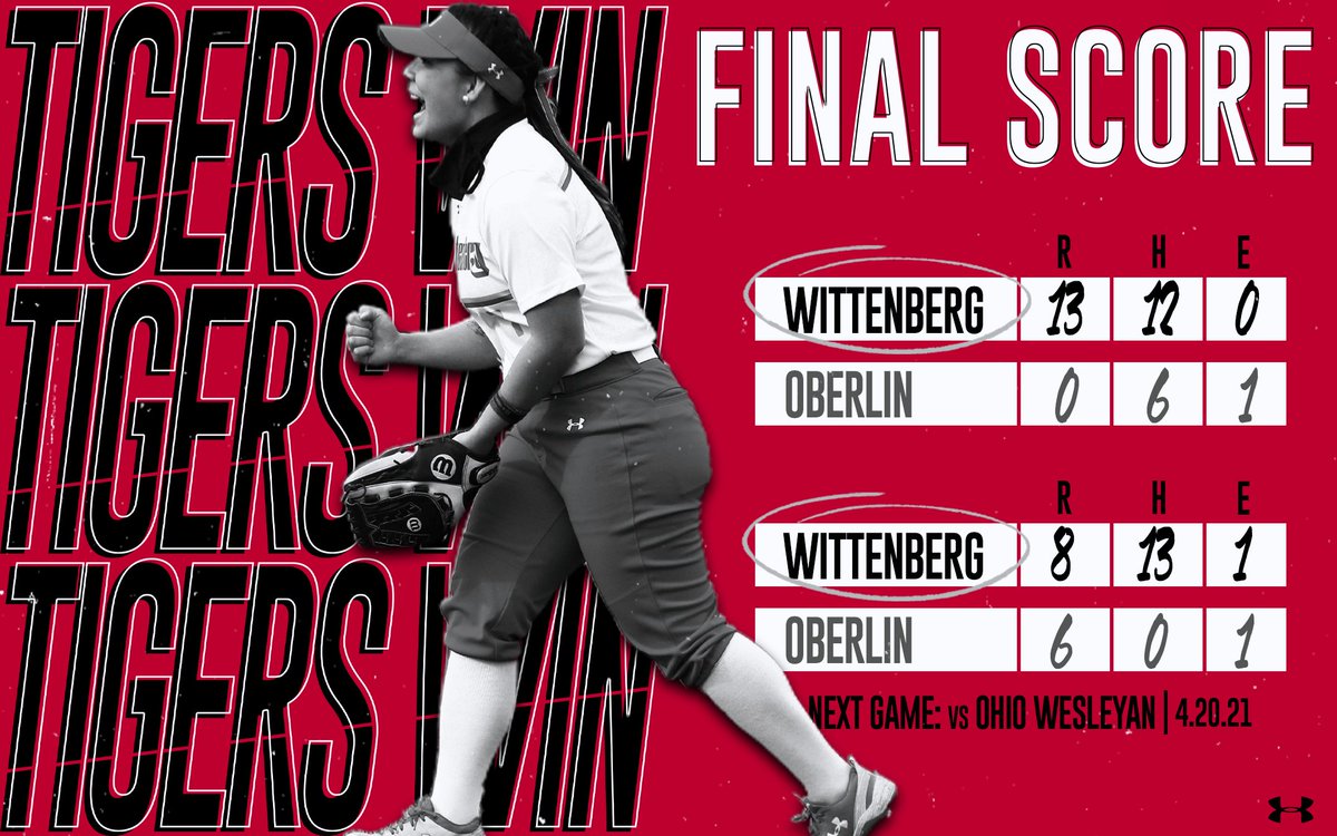 WittAthletics's tweet photo. Softball swept Oberlin in their double header today with scores of 13-0 and 8-6! 

They will be back on April 20th to compete against Ohio Wesleyan in a make-up game from April 4th. #TigerUp https://t.co/4degZWS2bs
