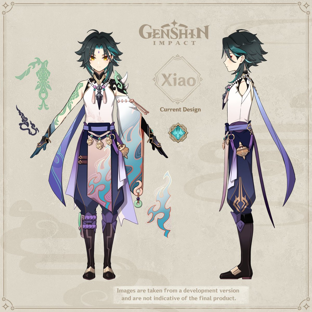 From the same dev insight it was noted that Xiao is not human and his real form can be inferred from the tattoo on his arm (curse you twt cropping). This is how we see the tattoo but it is upside down