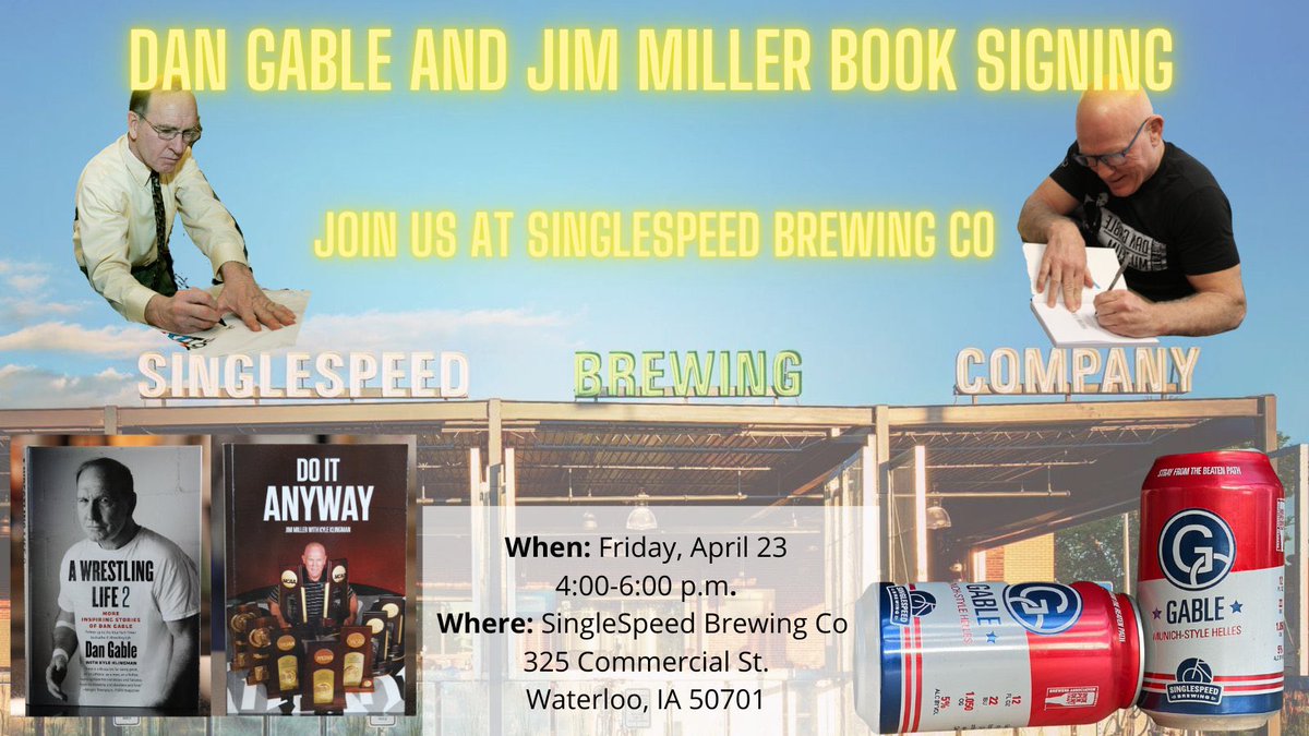 wrestlingmuseum's tweet photo. Join @dannygable & @CoachMilboy for a book signing at @SingleSpeedLoo!
There are only 4 coaches in @ncaawrestling history who have won 10 or more team titles - & two are from Waterloo! Dan has 15, & Jim has 10
When: Friday, 4/23, 4-6:00 p.m.
More info: https://t.co/LG01Q0qYga https://t.co/KjRNWA8dkl