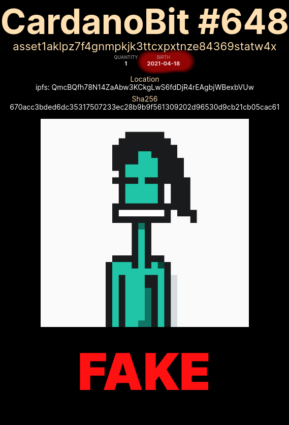 pool_pm's tweet photo. ⚠️WARNING⚠️
Some fake rare #SpaceBudz and #CardanoBits have been minted today.
Before buying an NFT, always check:
- the policy id (starts with 1131301a for Bits and d5e6bf05 for budz)
- the date it was minted ("BIRTH" on https://t.co/rd0991B3jS)
- properties
#Cardano #NFT https://t.co/Xf7g3Uv7Hr