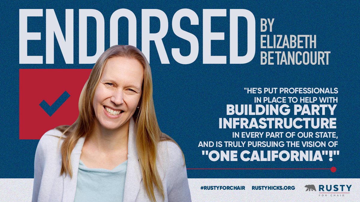 rustyhicks's tweet photo. “Rusty's commitment to an inclusive party is proven: he helped candidates in rural areas in 2020 by investing in their campaigns“ Thank you, Elizabeth Betancourt!

🗳 Go to https://t.co/T11xddROv3 for online voting tips.

🗳 Votes are due by April 21st at 5pm PT.

#RustyForChair https://t.co/KuT9zg6KSq