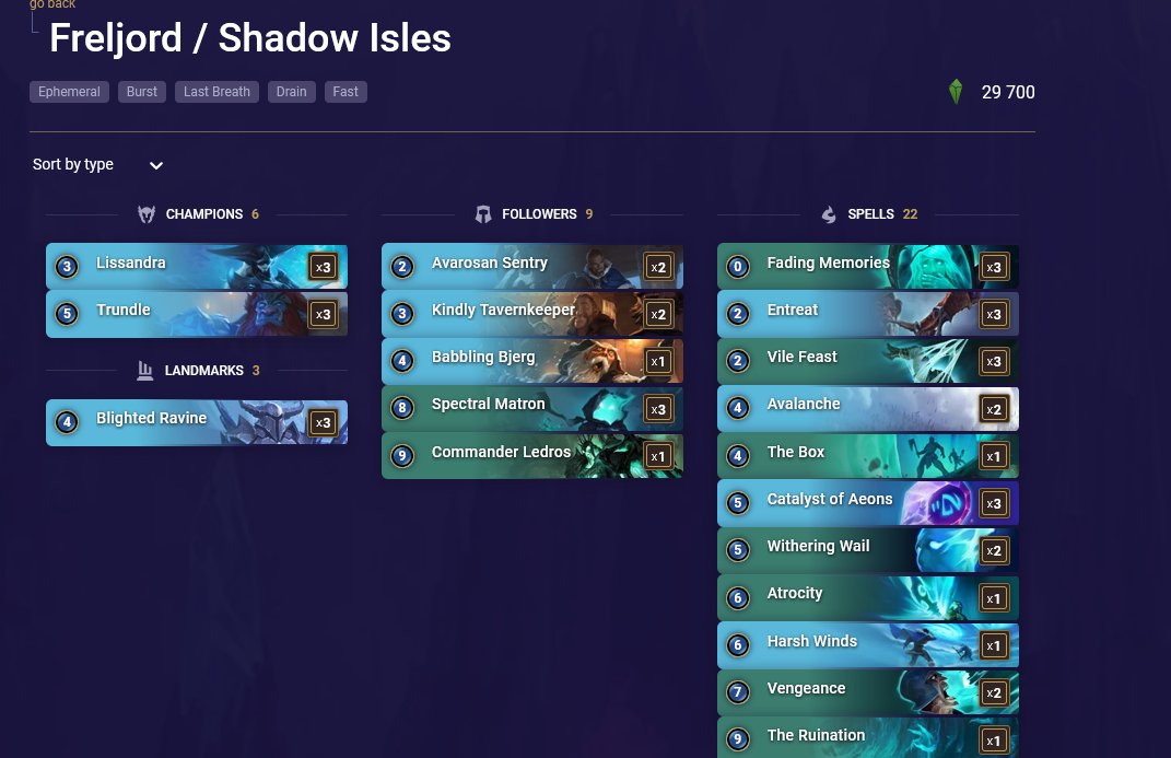 Representei o Brasil até onde deu na <a href="/MasterRuneterra/">Mastering Runeterra</a>, morrendo no Top 8 para Lee + Nasus Thresh, os jogos foram insanos, e o torneio um baita preparo pro sazonal,  realmente curtindo essa line.

<a href="/RuneterraBrasil/">Legends of Runeterra Brasil</a>