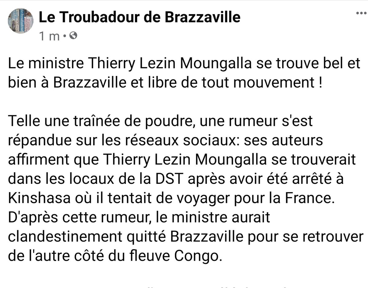 ThMoungalla's tweet photo. FAKE NEWS : merci à François Bikindou, du #Troubadour, pour avoir démenti une rumeur malveillante à mon encontre qui circule sur les RS. Voici son texte. D'habitude indifférent à ce genre de mensonge, je relaie son démenti pour rassurer des parents affolés. Ah, les congolais...🙄 https://t.co/1NieCc6OiY