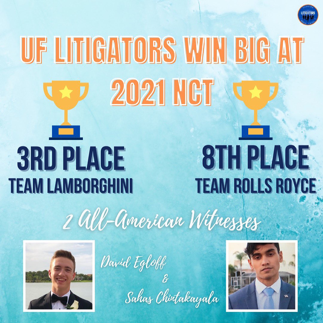 After a long competition weekend at NCT, the LitiGators came out on top with BOTH teams placing and two All-American Witness awards won by David Egloff and Sahas Chintakayala! GO LITIGATORS🐊⚖️👏