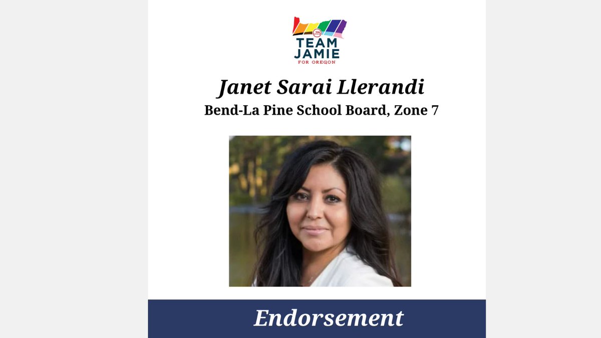 TeamJamie4OR's tweet photo. We're excited to endorse Janet Sarai Llerandi for Bend-La Pine School Board, Zone 7. Janet is running to bring necessary changes to our school systems.
Learn more here: https://t.co/hrQAMShdzv
#OrPol #Education #RepresentationMatters #TJ4OR https://t.co/WTHol5mheQ
