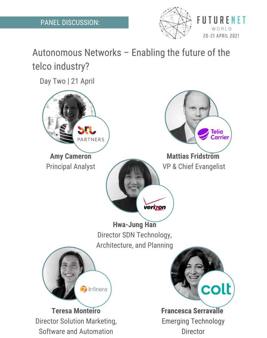 How to realize the promise of #5G, #IoT, EDGE & ML/AI with #autonomousnetworks? Join our Chief Evangelist @MFridstrom and speakers from @VerizonBusiness, @Infinera, @Colt_Technology and @STLPartners for this panel at @FuturenetW. Sign up 👉 bit.ly/FNWSP2021 #futurenetworld