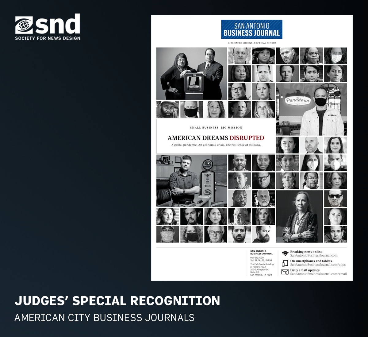 SND's tweet photo. A judges’ special recognition goes to American City Business Journals for a body of work that shows commitment to an overall design philosophy. The elegant but flexible design system serves a range of stories and voices across many cities, through many publications. https://t.co/M0LT3MENYP