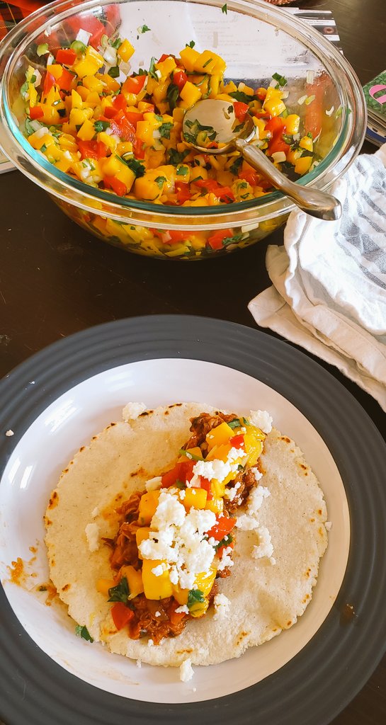 #SundaySupper Thanks @PatiJinich.  Seriously yummy chicken tinga tacos with homemade corn tortillas and mango salsa