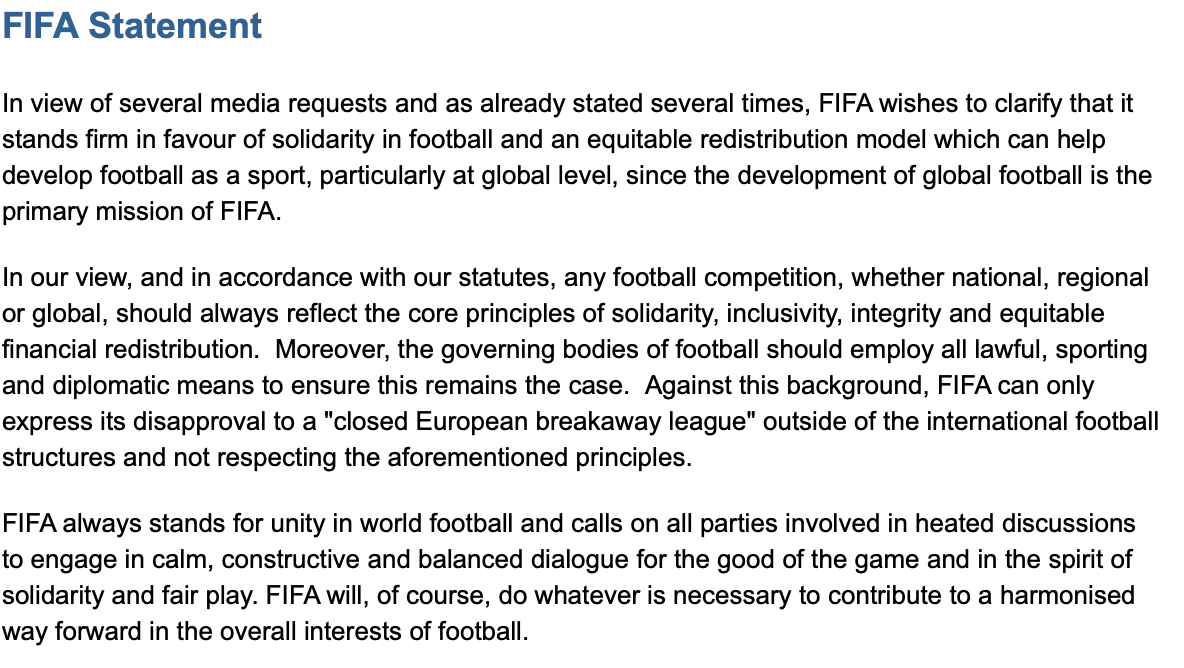 Squawka_Live's tweet image. OFFICIAL: FIFA have released a statement regarding the new European Super League.