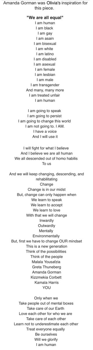Julie Deily (@thelittlekitchn) on Twitter photo Hi <a href="/TheAmandaGorman/">Amanda Gorman</a> ,
My dear friend’s Asian American student, Olivia, wrote this after killings of Korean American women & others in Atlanta. Olivia, a middle schooler, was inspired by you & your poetry. It would mean the world to her to know you read her poem.
Thank you.💛 Hi <a href="/TheAmandaGorman/">Amanda Gorman</a> ,
My dear friend’s Asian American student, Olivia, wrote this after killings of Korean American women & others in Atlanta. Olivia, a middle schooler, was inspired by you & your poetry. It would mean the world to her to know you read her poem.
Thank you.💛