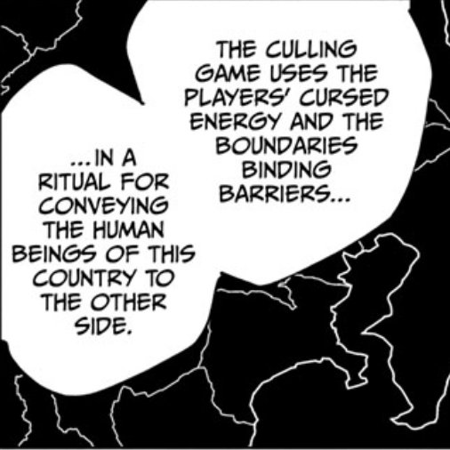 okay now onto the "other side" businessTengen states the 10 colonies (barriers) in which the Culling Game takes place are connected together to form a boundary—a line that would send the people in Japan to "the other side" / higan / 彼岸  #呪術バレ