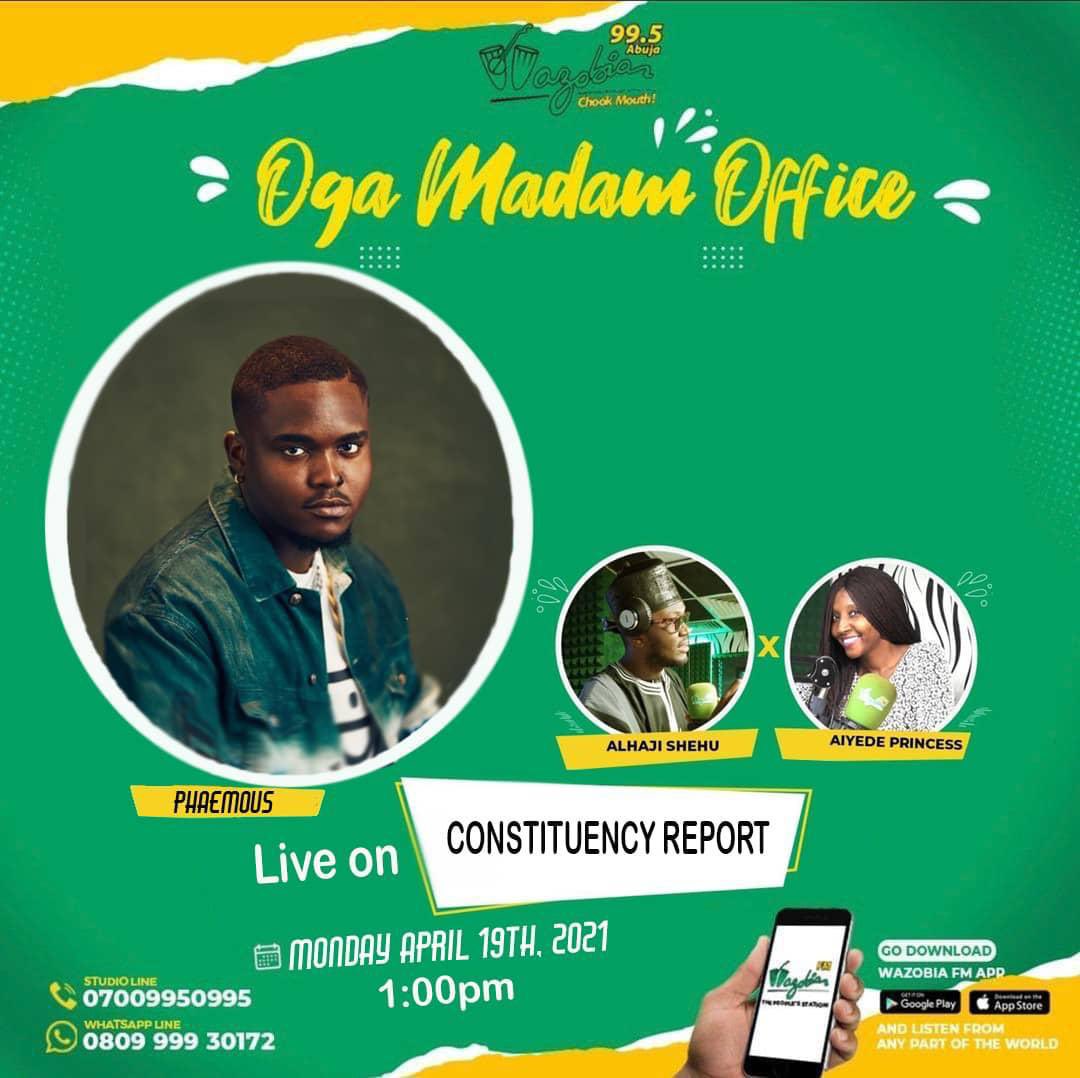 OnlyOnePhaemous's tweet photo. I’ll be Making two 📻 stops today @CoolFMAbuja with #MRGee @GodwinAdogame 10:00 AM &amp;  @WazobiaFMAbuja with @MaiRagoMainama &amp; @AiyedeBigmadam 1:00 PM
Tune in Abuja 💫🌎 https://t.co/3EcLLyv6I7