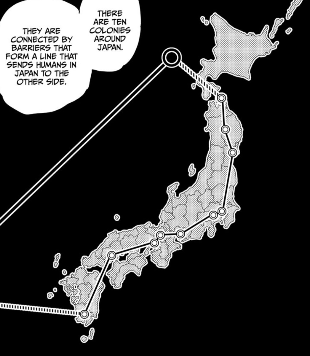 okay now onto the "other side" businessTengen states the 10 colonies (barriers) in which the Culling Game takes place are connected together to form a boundary—a line that would send the people in Japan to "the other side" / higan / 彼岸  #呪術バレ