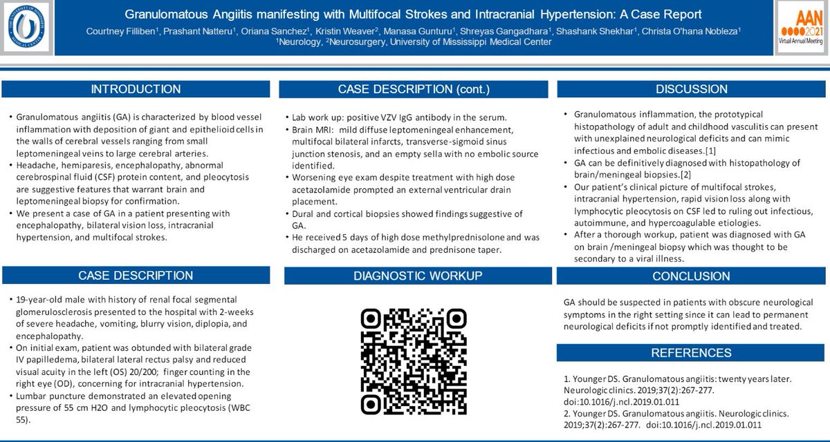 UMMC Student Interest Group in Neurology (@ummc_sign) on Twitter photo M3 and SIGN member Courtney Filliben shares her case report on granulomatous angiitis who presented with multiple strokes and elevated ICP! @AANMember <a href="/American_Stroke/">American_Stroke</a> <a href="/myelinMD/">Alissa Willis</a> <a href="/lojackwms/">Loretta Jackson</a> <a href="/LAWoodwardMD/">LouAnn Woodward M.D.</a> <a href="/JimmyStewart14/">Jimmy Stewart</a> <a href="/UMMC_Pathology/">UMMC Pathology</a>
#NeuroTwitter #AAN2021 #futureneurologist M3 and SIGN member Courtney Filliben shares her case report on granulomatous angiitis who presented with multiple strokes and elevated ICP! @AANMember <a href="/American_Stroke/">American_Stroke</a> <a href="/myelinMD/">Alissa Willis</a> <a href="/lojackwms/">Loretta Jackson</a> <a href="/LAWoodwardMD/">LouAnn Woodward M.D.</a> <a href="/JimmyStewart14/">Jimmy Stewart</a> <a href="/UMMC_Pathology/">UMMC Pathology</a>
#NeuroTwitter #AAN2021 #futureneurologist