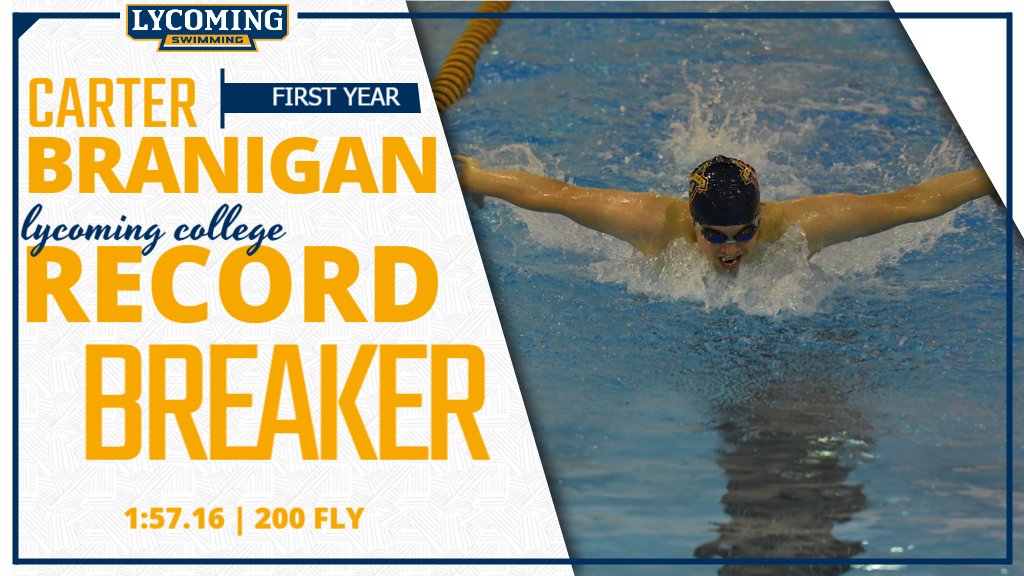 #d3swim <a href="/swimlyco/">Lycoming Swimming</a>'s Carter Branigan takes down record No. 3 in the 200-yard butterfly, posting a 1:57.16 to best Josh Thomas' mark of 1:57.89 set in 2015.  #MACswim