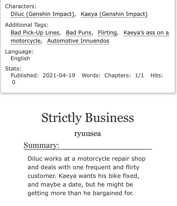 ? kaeluc, 7k of bad pickup lines, diluc working at a repair shop and kaeya's booty on a motorcycle  