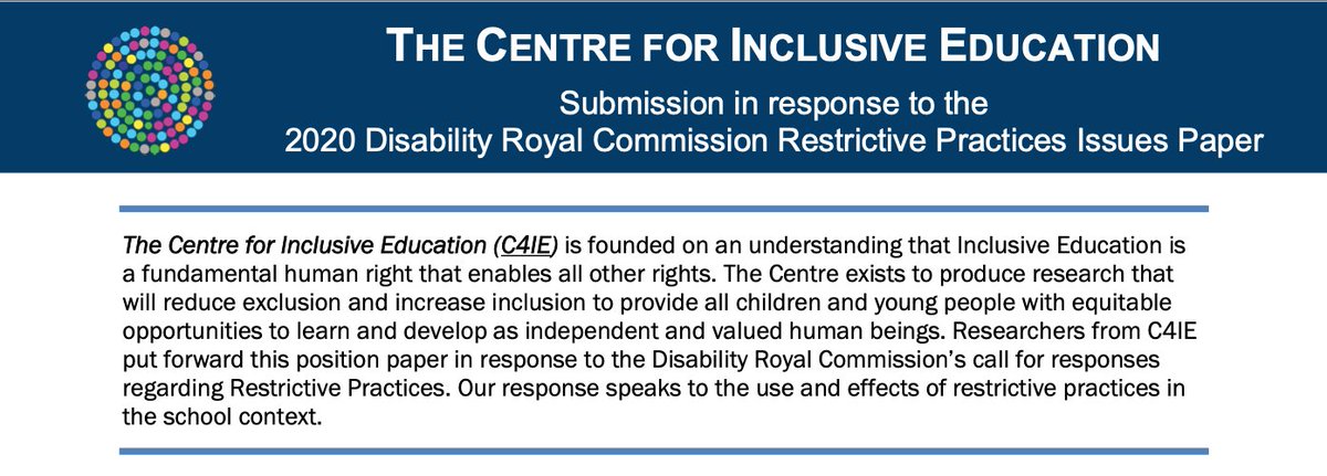 The #DisabilityRoyalComission has released the Overview of responses to the Restrictive Practices Issues paper.

See the submission #C4IE made during the consultation processes: research.qut.edu.au/c4ie/wp-conten…