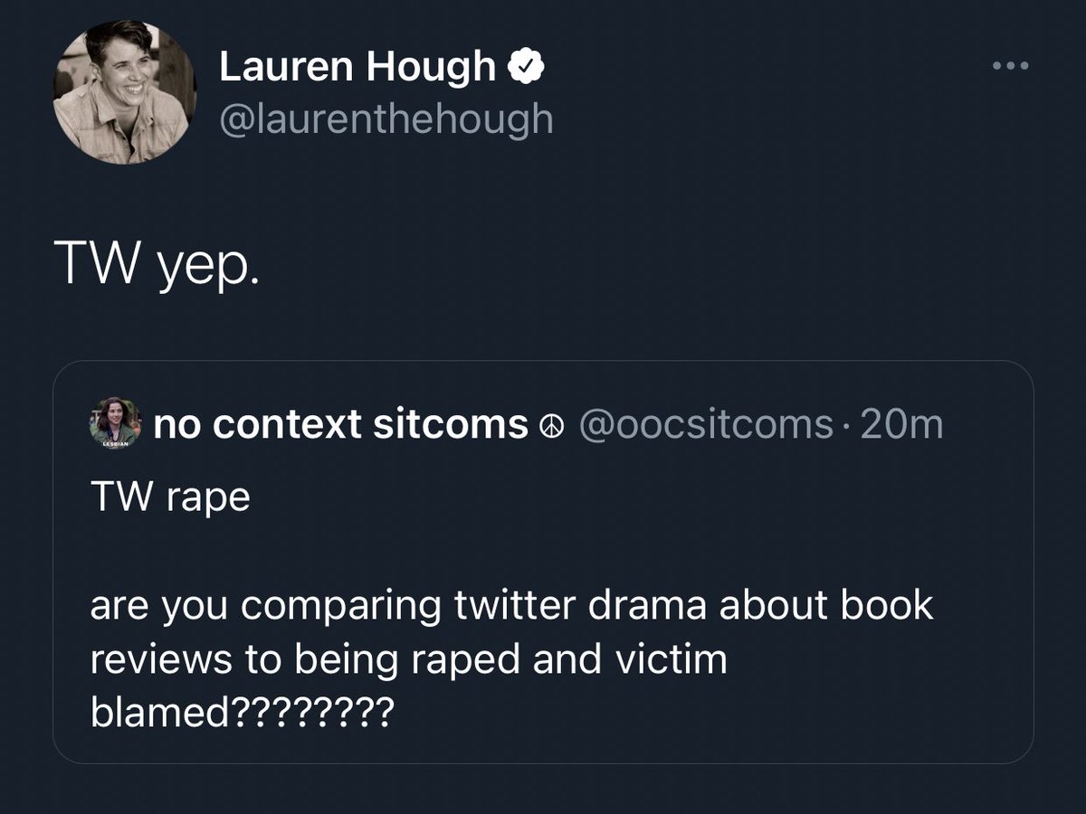 Update: ~𝑇ℎ𝑒 𝑆𝑎𝑔𝑎 𝐶𝑜𝑛𝑡𝑖𝑛𝑢𝑒𝑠~Lauren Hough, in her ongoing quest to be Book Twitter’s main character, has returned.She is currently comparing receiving mockery and 1 star reviews to being raped.[cw: sexual assault]