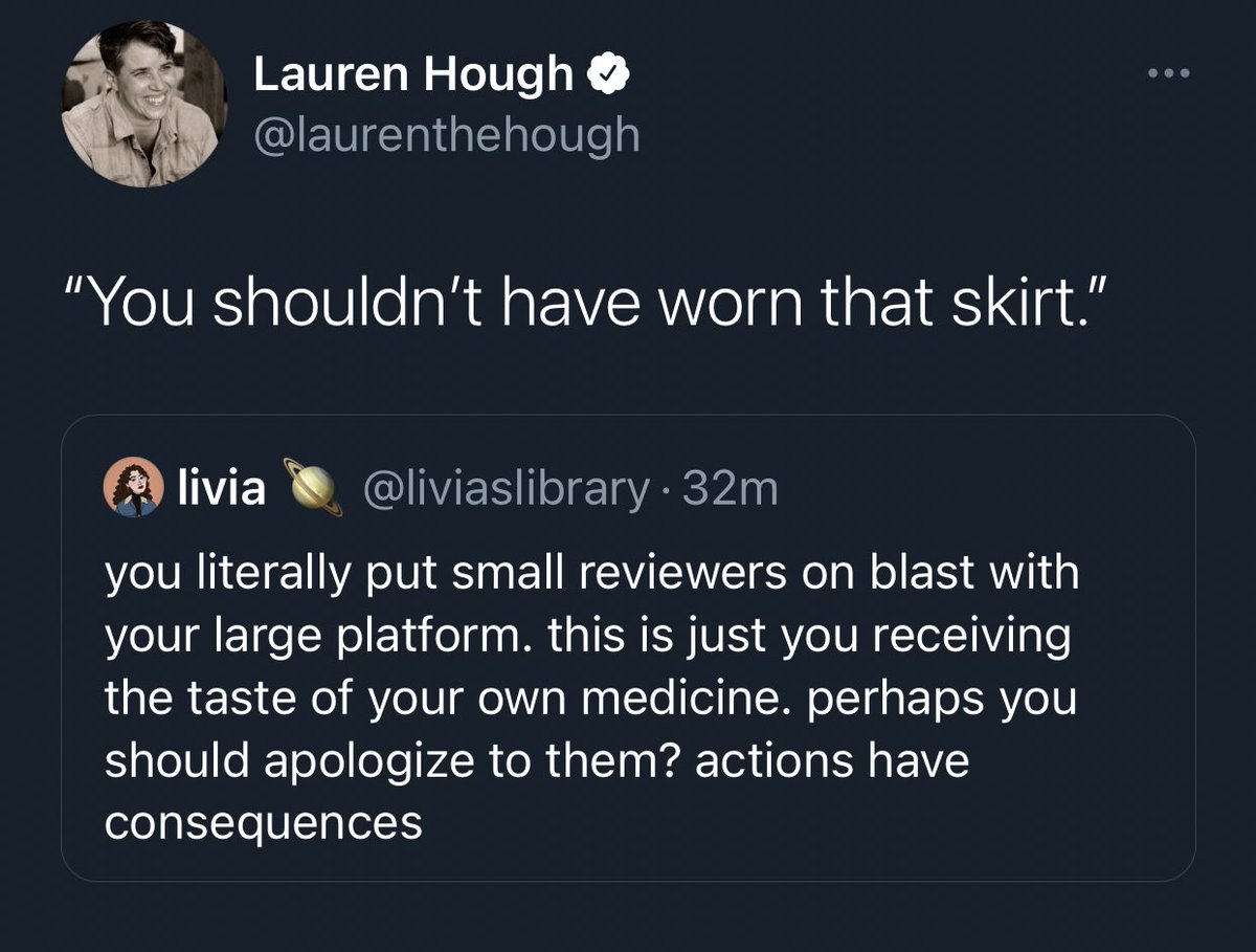 Update: ~𝑇ℎ𝑒 𝑆𝑎𝑔𝑎 𝐶𝑜𝑛𝑡𝑖𝑛𝑢𝑒𝑠~Lauren Hough, in her ongoing quest to be Book Twitter’s main character, has returned.She is currently comparing receiving mockery and 1 star reviews to being raped.[cw: sexual assault]