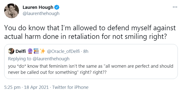 Lauren Hough has decided that the reason she is receiving negative feedback is because she is a woman who does not smile enough, and that it is anti-feminist to take issue with her behaviour.She claims that Goodreads is more hostile to woman than 4chan.