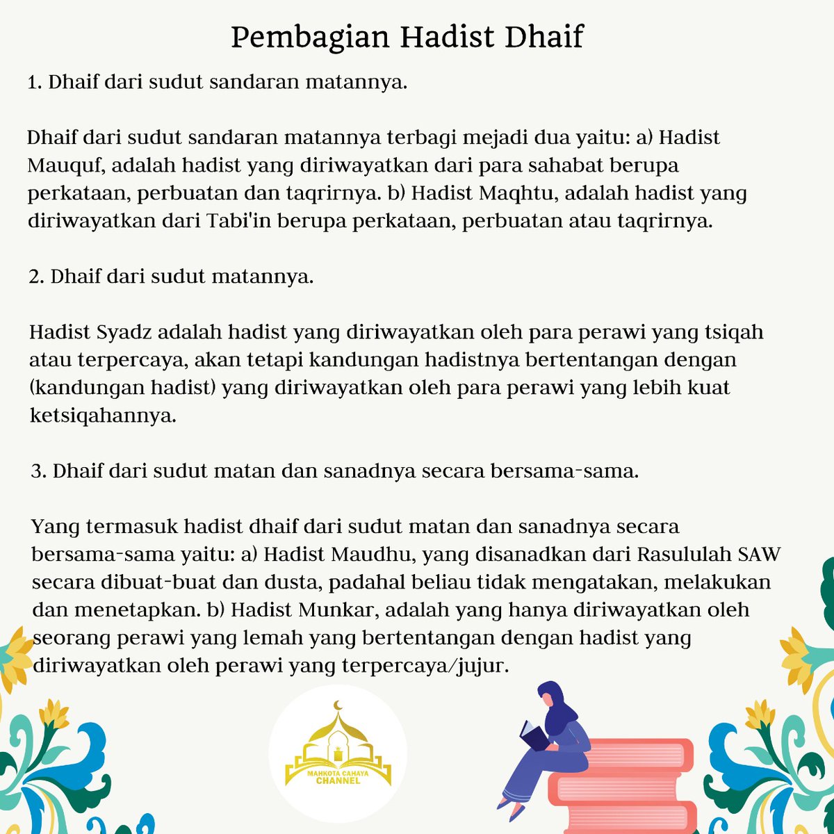 UmbayUst's tweet photo. Hadits, disebut juga sunnah, adalah perkataan, perbuatan, ketetapan dan persetujuan dari Nabi Muhammad yang dijadikan landasan syariat Islam. Hadis dijadikan sumber hukum Islam selain al-Qur'an, dalam hal ini kedudukan hadis merupakan sumber hukum kedua setelah al-Qur'an. https://t.co/E3xEhqIBUi