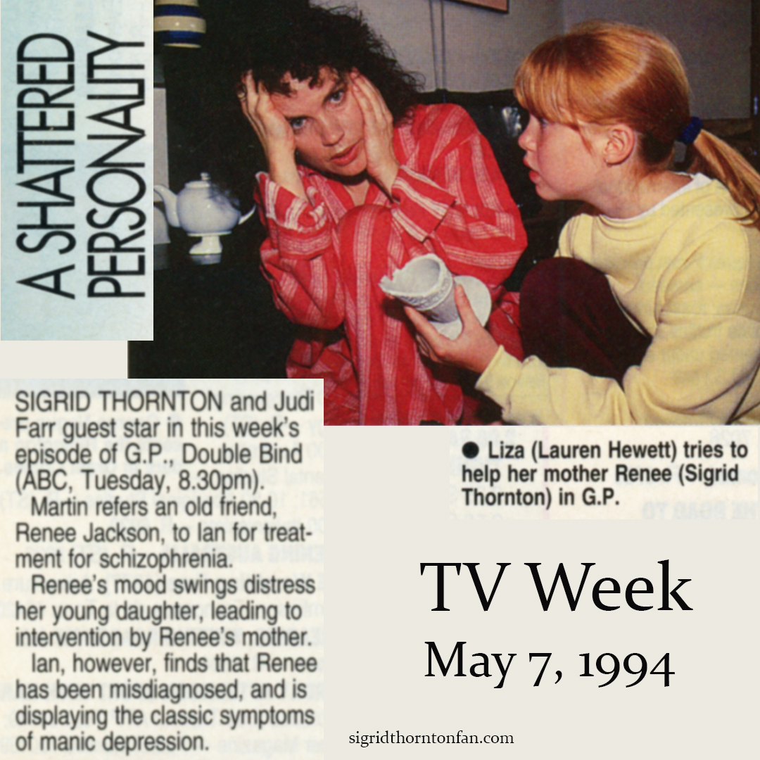 sigrid_fan's tweet image. A Shattered Personality - Sigrid Thornton guest stars in G.P. - TV Week May 7, 1994 plus AFI award nomination @sigrid_thornton  #sigridthornton #gp #doublebind #laurenhewett #judifarr #tvweek #australiantv #aussietv