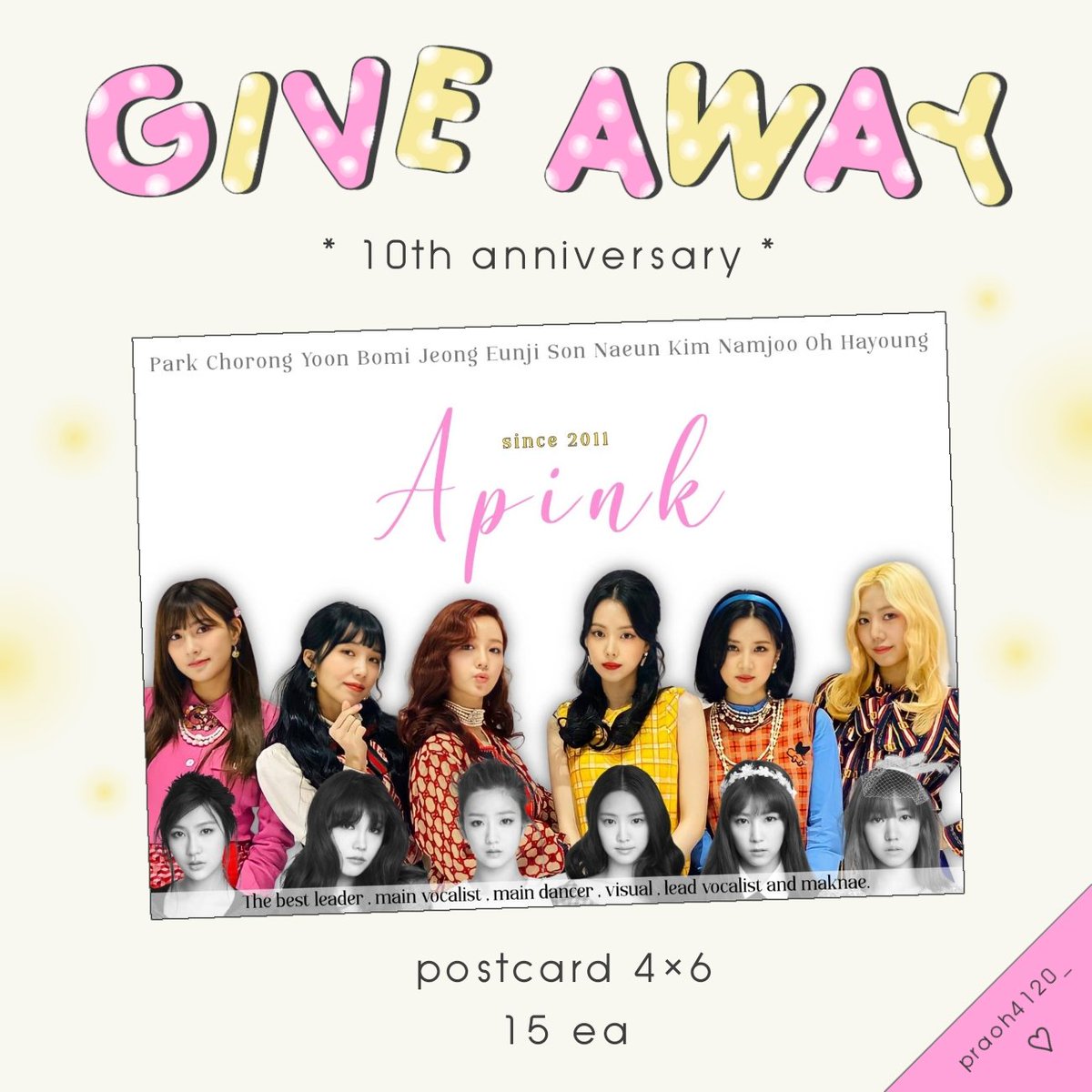 priaoh4120's tweet photo. เนื่องในโอกาสที่ Apink ครบรอบเดบิวต์ 10 ปี เรามาแจกโปสการ์ด 15 ชิ้นค่ะ
- รีทวิต และเมนชั่นเพลง Apink ที่ชอบคนละ 3 เพลง พร้อมบอกเมนของตัวเอง
***ขออนุญาตเก็บค่าส่งและค่าซองท่านละ 10 บาท*** สุ่มจากเมนชั่นค่ะ
#10YearsWithApinkTH #ADecadeWithApink https://t.co/JhAxmAnV5q