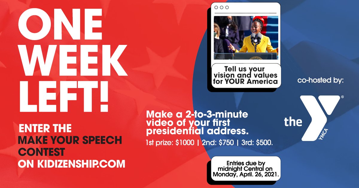 It's the final countdown: @kidizenship @ymcayag MAKE YOUR SPEECH contest deadline is in ONE WEEK! 8-18yo are invited to write and perform their own presidential speeches. Judging with @hurdonthehill @jonfavs & @baratunde $1000 1st prize. Link: Kidizenship.com/make-your-spee…