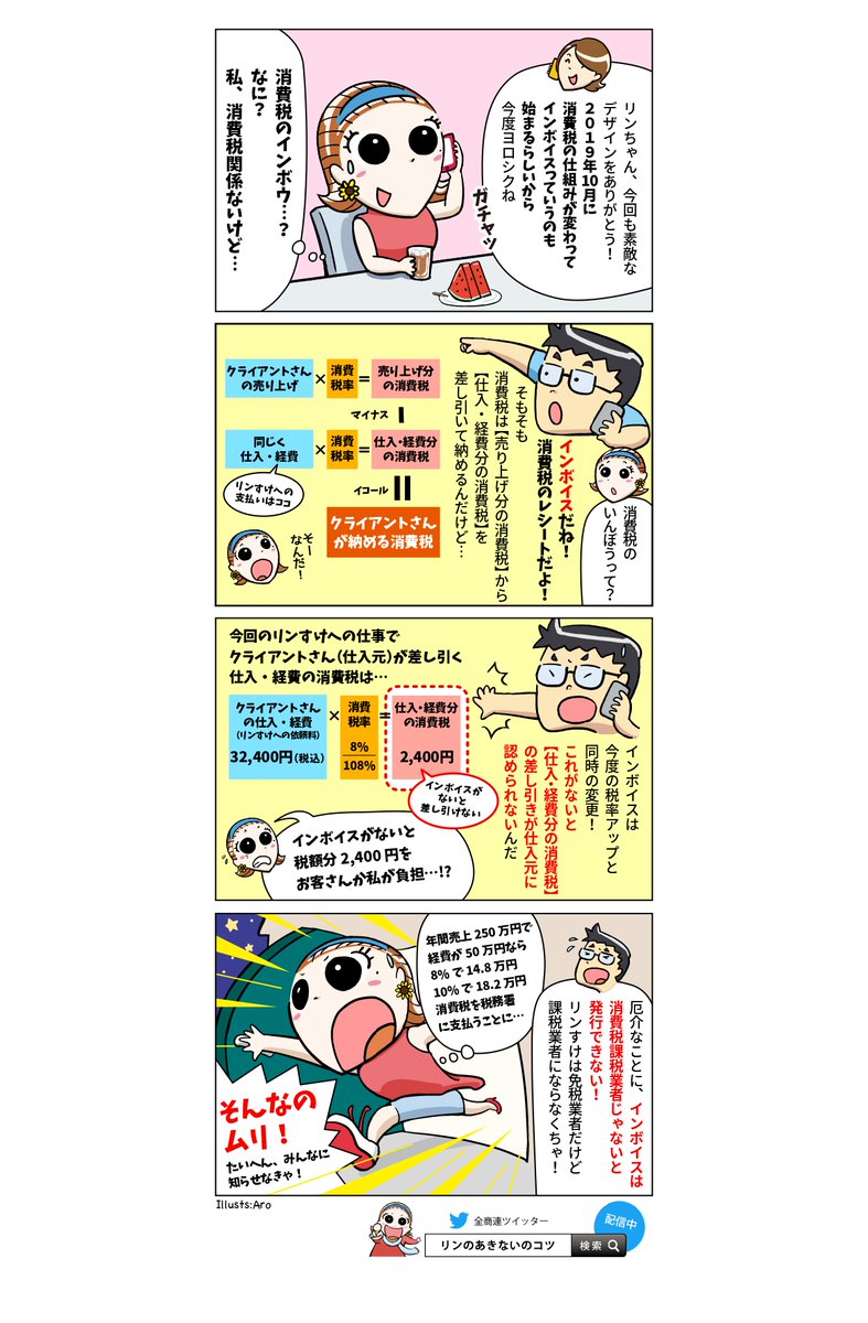 公式 リンのあきないのコツ V Twitter インボイス制度については以前4コマ漫画にしたことがありますので 改めて紹介させていただきますね デザイナー 起業 税金 中小企業 民商 インボイス制度 イラスト 個人事業主