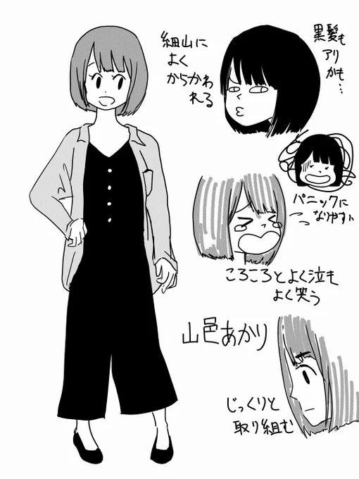 【マンガでわかる製図試験 設定資料】
山邑あかり
キャラ設定に一番時間がかかった。ボブみたいな手間のかかる髪型を忙しい中選ぶか?⇒セミロングでお団子にしよう、服はどこで買う?なぜ試験に落ちる?と自問自答を重ねて作り上げました。
もともとは男性とする案もありました。
#マンガで製図 