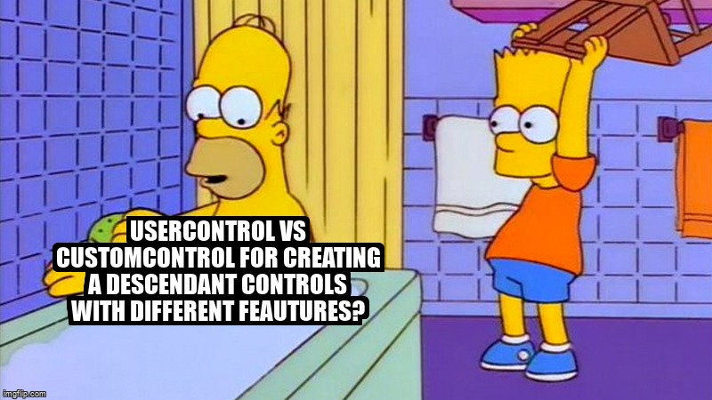 overflow_meme's tweet image. UserControl vs CustomControl for creating a descendant controls with different feautures? stackoverflow.com/questions/6715… #usercontrols #winforms #customcontrols #dotnet #csharp