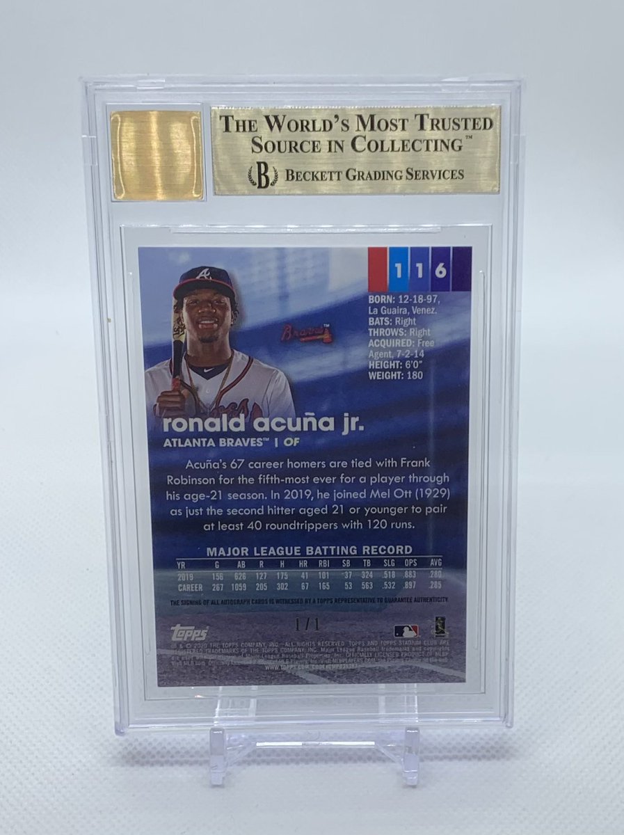 _JTSportsCards_'s tweet photo. 2020 Stadium Club Chrome Ronald Acuna Jr. Superfractor Auto 1/1 BGS 9.5. 

Made a little trade happen today at a regional show in Des Moines. Gave up an arm and a leg but it’s mine. 

#Acuna #AcunaJr #RonaldAcunaJr #Braves #AtlantaBraves #MLB #Topps #Superfractor #1of1 https://t.co/0lasWKdcWn