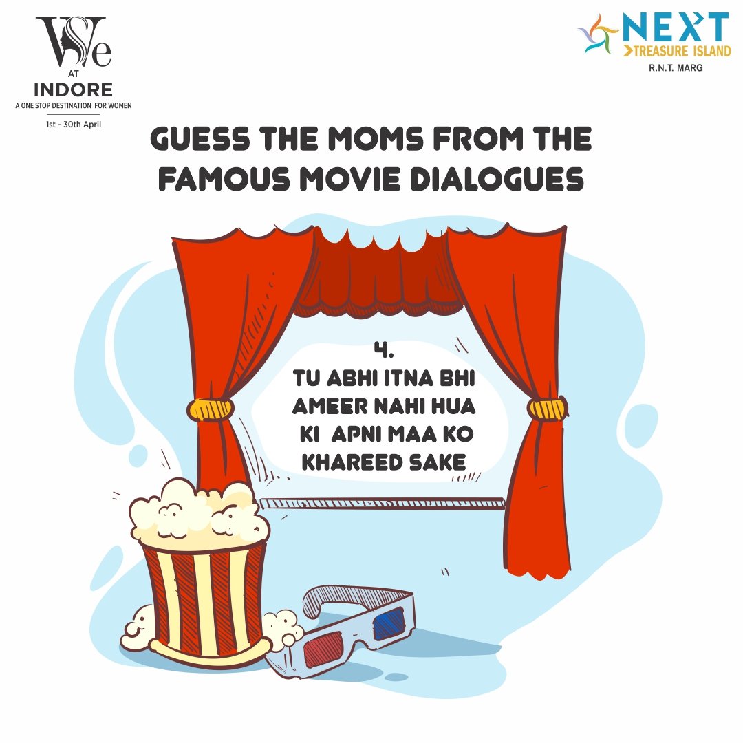Hey, cinema freaks!!!
Here we bring something to suit your interest.
Recognize these popular dialogues delivered by some of the very popular moms of Bollywood.
Can you guess them right? Let's find out!!!
#indianmalls #nexusmalls #contest #treasureislandnext #mallsinindore #indore