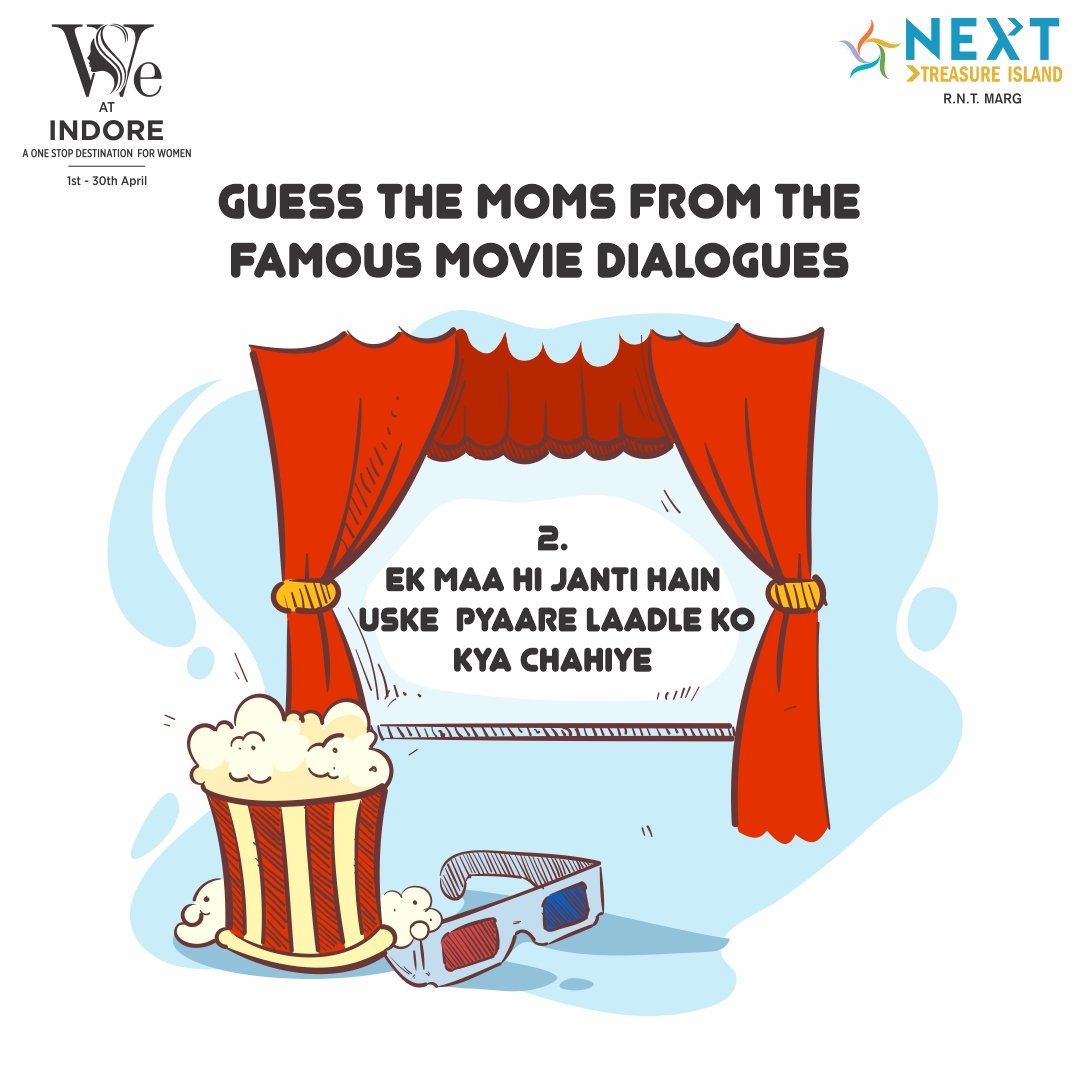 TINextIndore's tweet photo. Hey, cinema freaks!!!
Here we bring something to suit your interest.
Recognize these popular dialogues delivered by some of the very popular moms of Bollywood.
Can you guess them right? Let's find out!!!
#indianmalls #nexusmalls #contest #treasureislandnext #mallsinindore #indore https://t.co/xc0dBywrZn