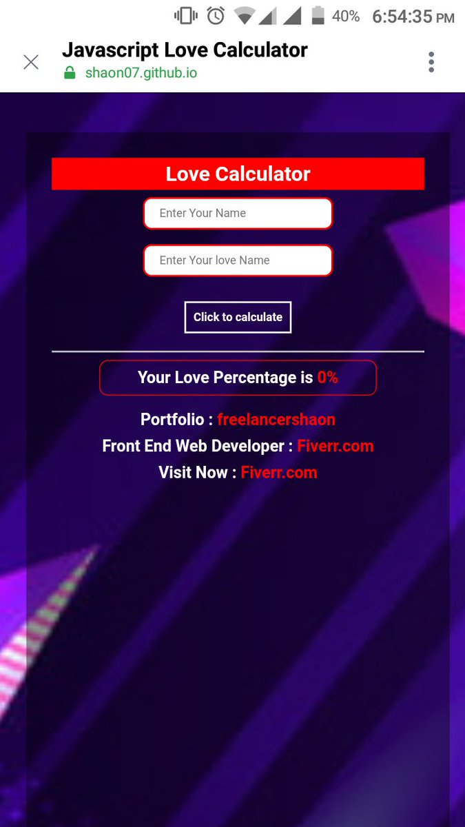 mobilehili's tweet image. Today I Have Create a Love Calculator Using JavaScript.
Take Your Test & Give Feedback
Link : shaon07.github.io/calcy/
#100daysofcoding #100DaycodecodeChallanges #JavascriptTest #LoveCalculator #JavascriptProblem #JavaScriptProjects